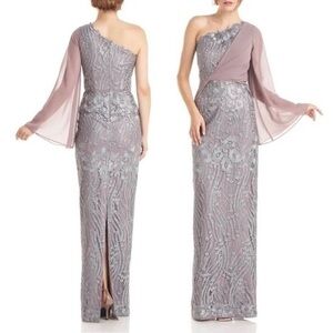 JS Collections Amari One-Shoulder Twist Embroidered Lace Overlay Gown in Steel